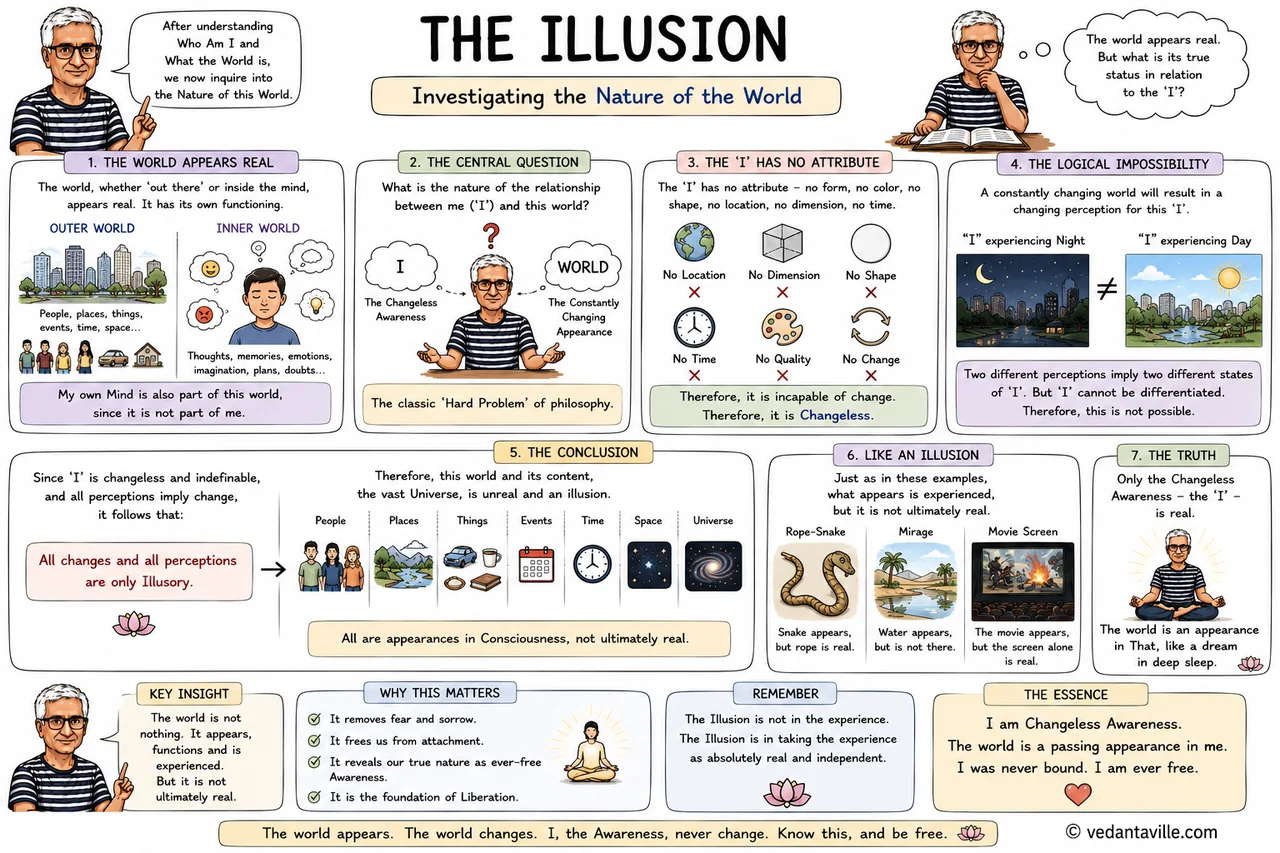 Diagram titled 'The Illusion' investigating the nature of the world from a Vedantic perspective.