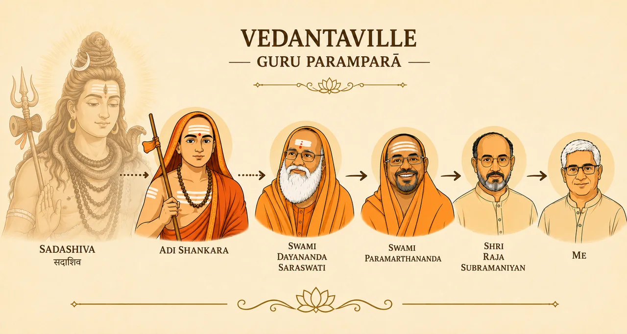 Lineage image showing the Advaita Vedanta teaching lineage connected to Vedantaville.