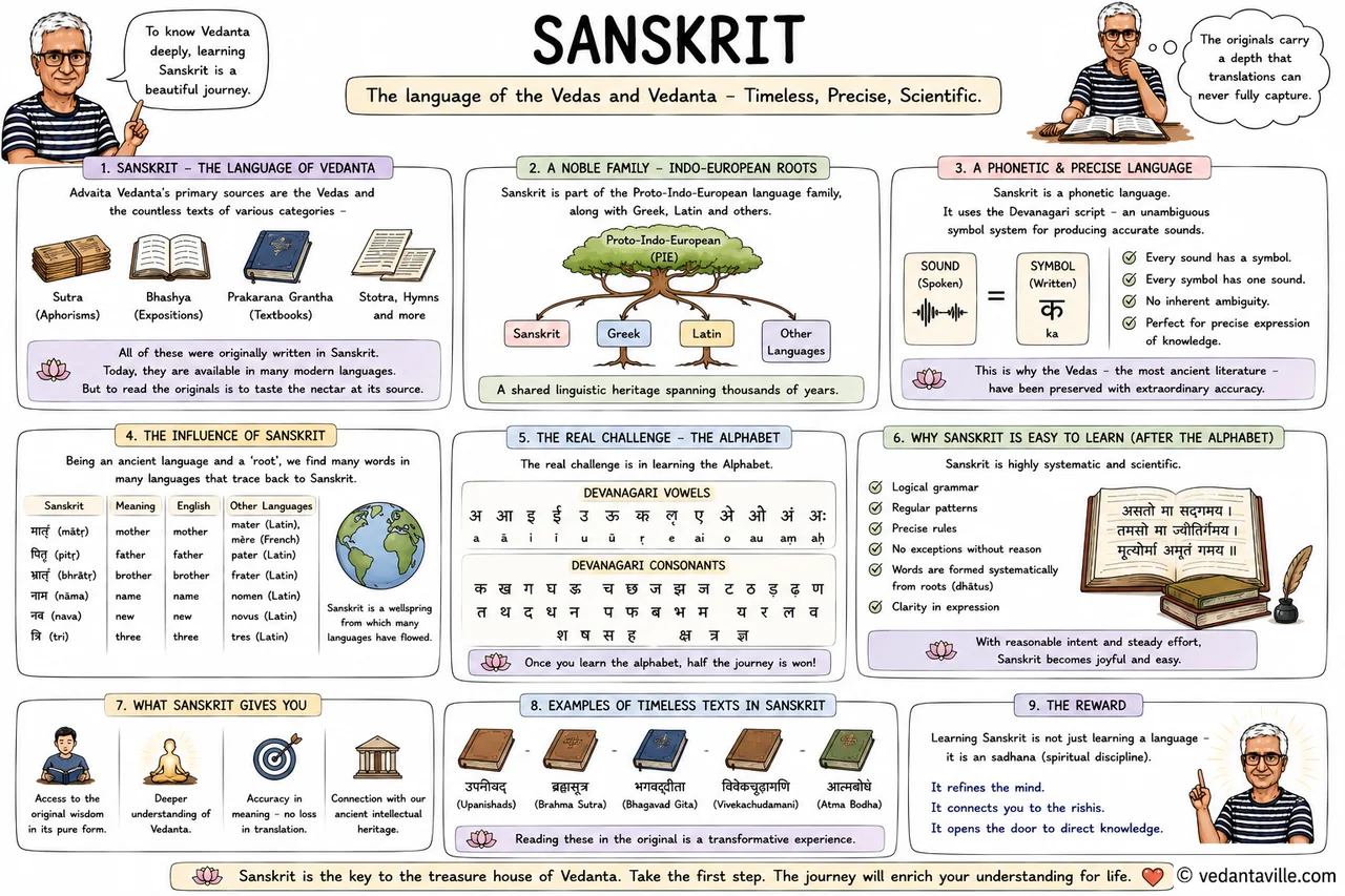 Diagram titled 'Sanskrit' presenting the language as precise, scientific, and central to Vedanta.