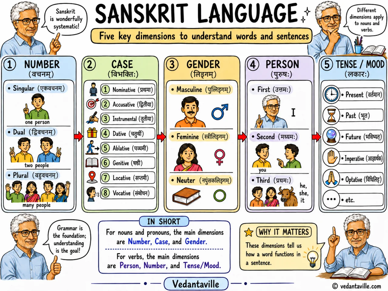 Illustration titled Sanskrit Language showing five key dimensions of grammar: number, case, gender, person, and tense or mood.
