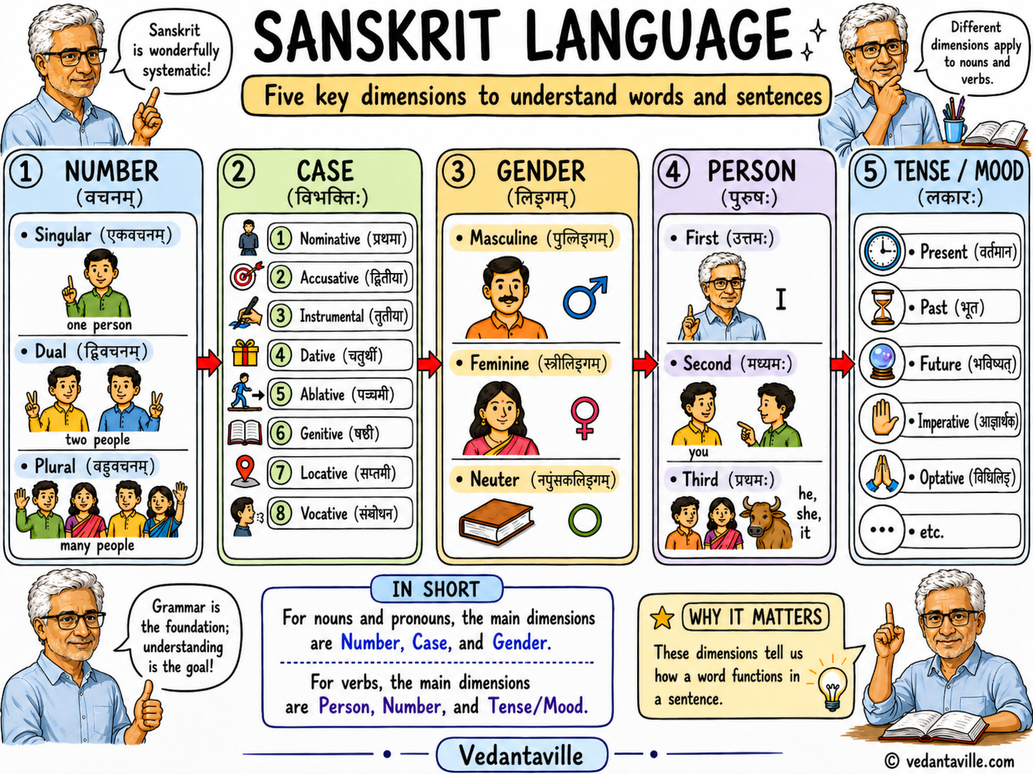 Illustration titled Sanskrit Language showing five key dimensions of grammar: number, case, gender, person, and tense or mood.