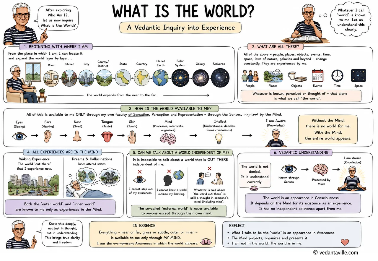 Diagram titled 'What is the World?' presenting a Vedantic inquiry into experience, mind, and awareness.